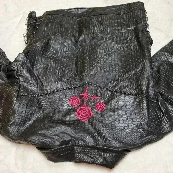 Navarre Croc Embossed Black Buffalo Leather Embroidered Rose Moto Jacket Biker - Picture 2 of 10